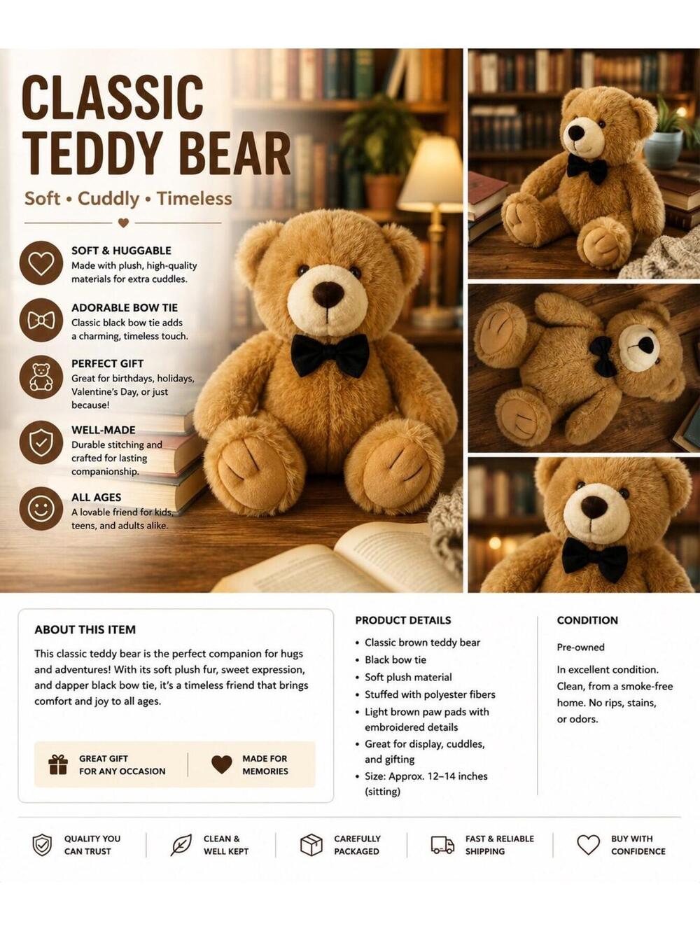 Classic Teddy Bear Plush with Black Bow Tie – Soft Stuffed Animal – Cozy Gift